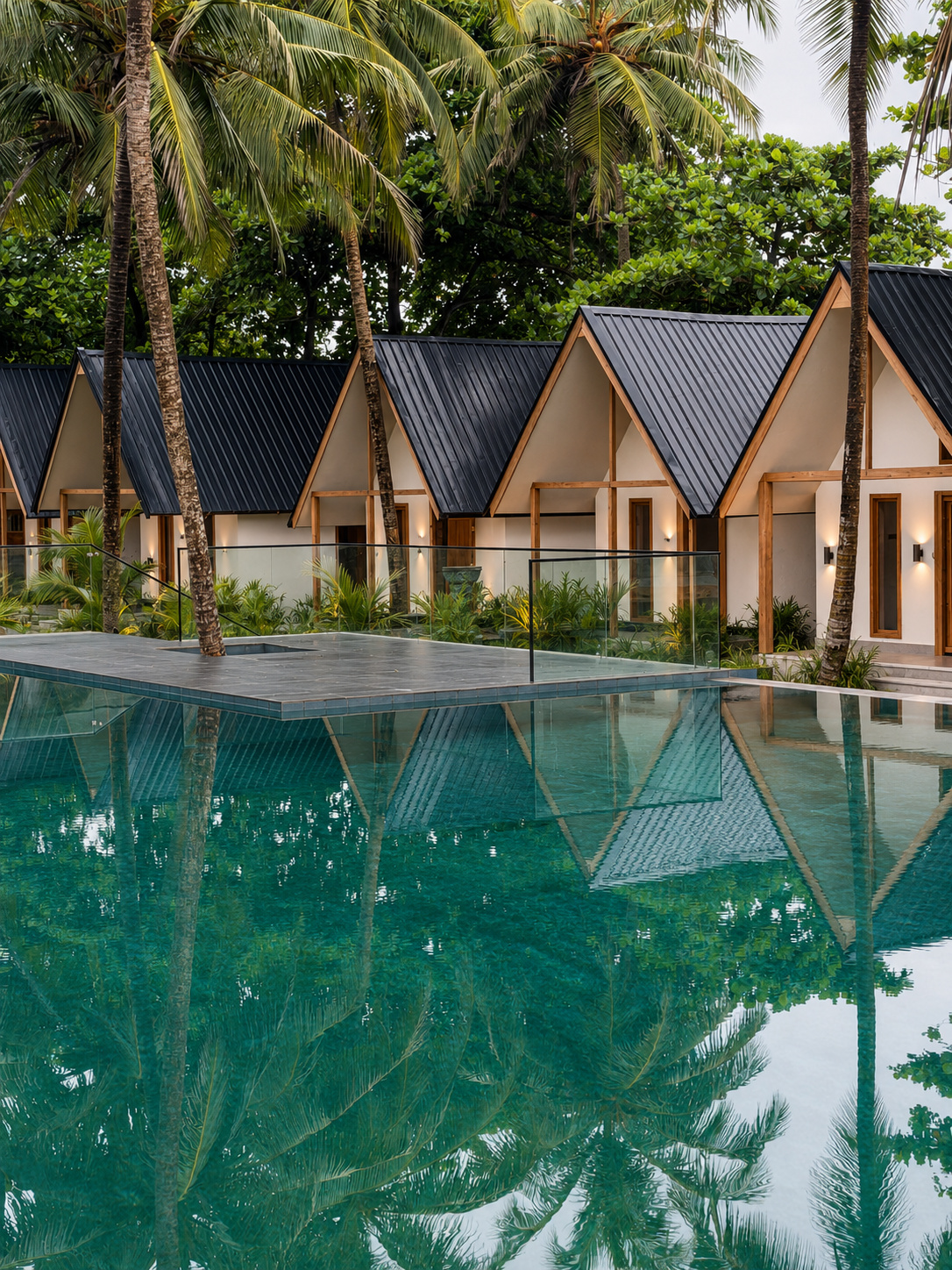 A-frames of Irele Beach Resort mirrored in the courtyard reflection pool at dawn