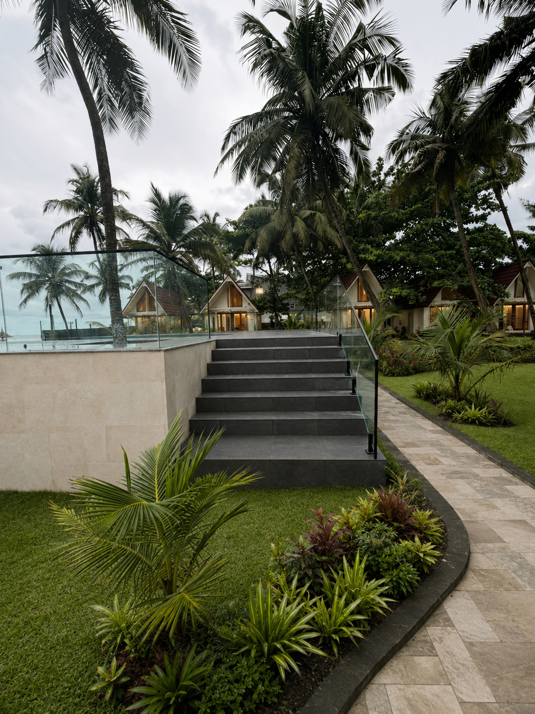 Terrace steps beneath the palms